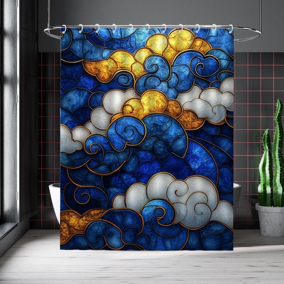 Clouds Shower Curtain Stained Glass Blue Gold Clouds Waterproof Bathroom Curtains with Plastic Hooks Dreamy Blue Golden White Clouds Bathtub Curtain Men Women Bath Decor