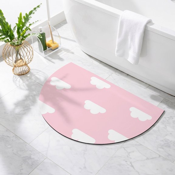 Clouds Sky Bathroom Rug Cute Half Circle Bath Mat Non-Slip Washable Semi Circle Bath Rug Cartoon Pink White Cloud Modern Simple Art Floor Mat for Bathroom Kitchen Bedroom Shower Decor 16"x24"