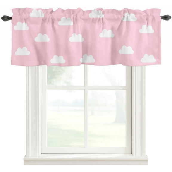 Clouds Sky Kitchen Valances for Windows, Cartoon Pink White Cloud Modern Simple Art Bathroom Window Valances 42x12 Inch Rod Pocket Window Treatments Valance Curtains for Living Room Bedroom Decor