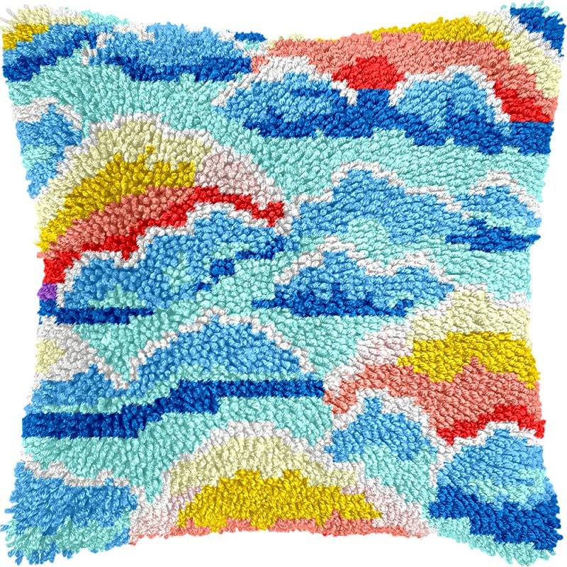Clouds in Sky Latch Hook Pillow Kits Pillow Cover Pattern Printed Canvas Crochet Knitted Hooking Pillowcase Cushion Crafts Embroidery Latch Hooking Crochet Kits Set 17x17 inch(6)