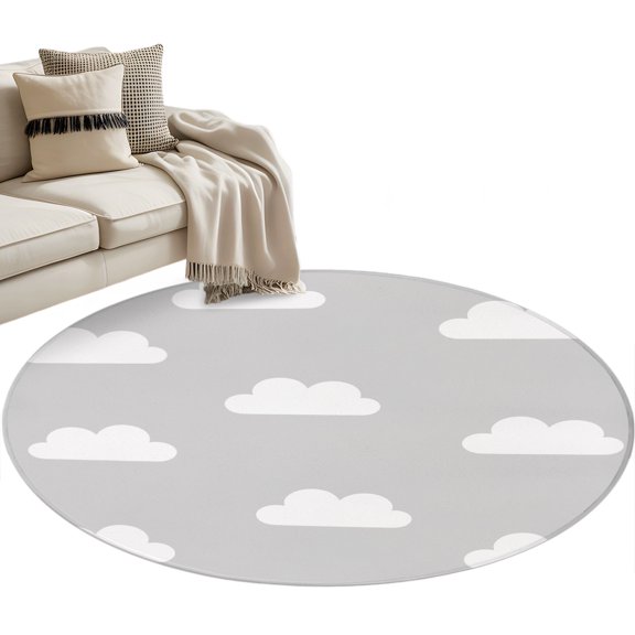 Clouds Sky Round Rug 3ft Washable Circle Entryway Rugs Non Slip Cartoon Grey White Cloud Modern Minimalist Area Rug Indoor Floor Carpet for Bedroom Kitchen Living Room Home Office Dining Room Nursery