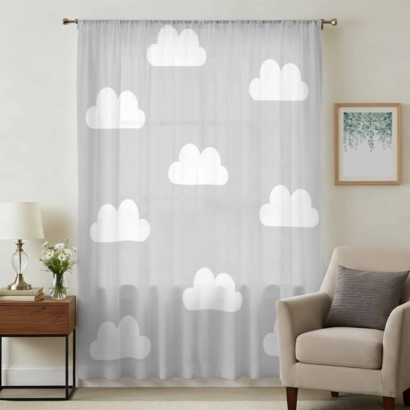 Clouds Sky Sheer Curtains 45 Inches Long, Cartoon Grey White Cloud Modern Minimalist Light Filering Curtains, Breathable Simi Curtain Privacy Drapes for Kitchen Bathroom Small Window Treatment