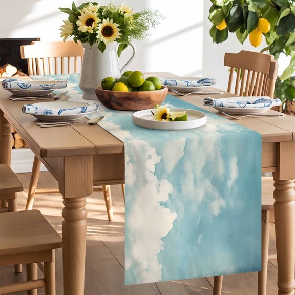 Clouds Sky Table Runner, Vintage Nature Gradient Blue Clouds Sky Scenery Washable Kitchen Table Runners Dress Scarves for Dining Table Decorations Party/Restaurant/Indoor Outdoor Use, 13x36in
