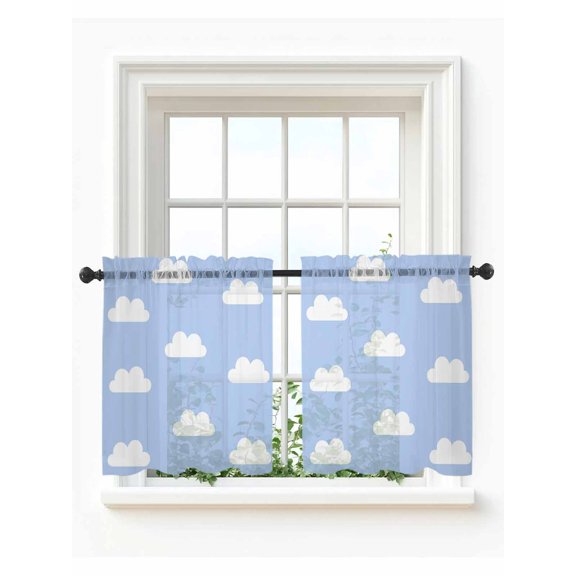 Clouds Sky Tier Curtains 24 Inch Length,Sheer Curtains for Bedroom Living Room Window Cartoon Blue White Cloud Modern Minimalist Short Kitchen Curtains Drapes for Small Half Window 27.5"x24" 2 Panels