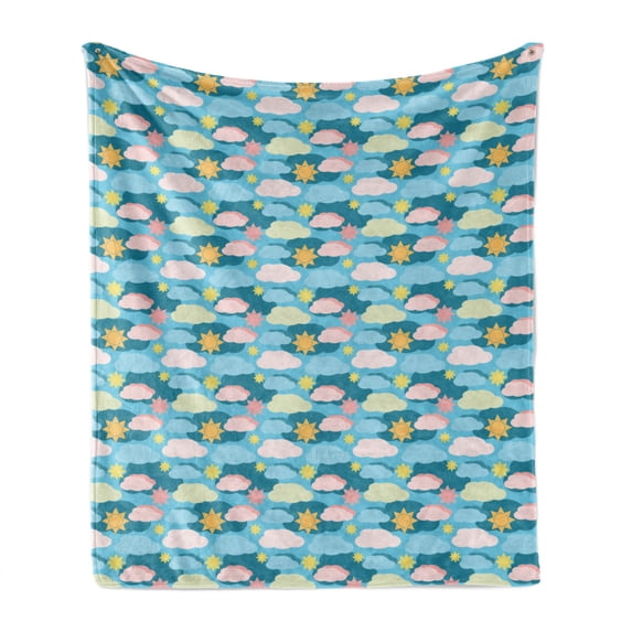 Clouds Soft Flannel Fleece Blanket, Meteorology Themed Graphic Design Clouds and Suns on a Background with Thin Stripes, Cozy Plush for Indoor and Outdoor Use, 70" x 90", Multicolor, by Ambesonne
