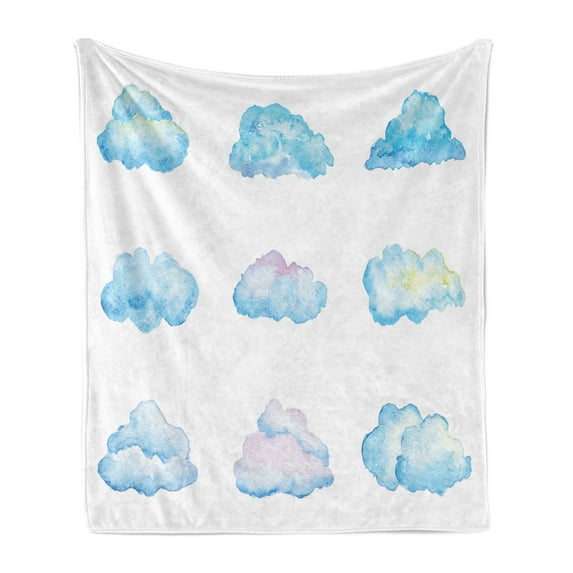 Clouds Soft Flannel Fleece Blanket, Pattern of Various Vivid Clouds Watercolor Illustration Fluffy Softness Purity Print, Cozy Plush for Indoor and Outdoor Use, 50" x 70", Blue White, by Ambesonne