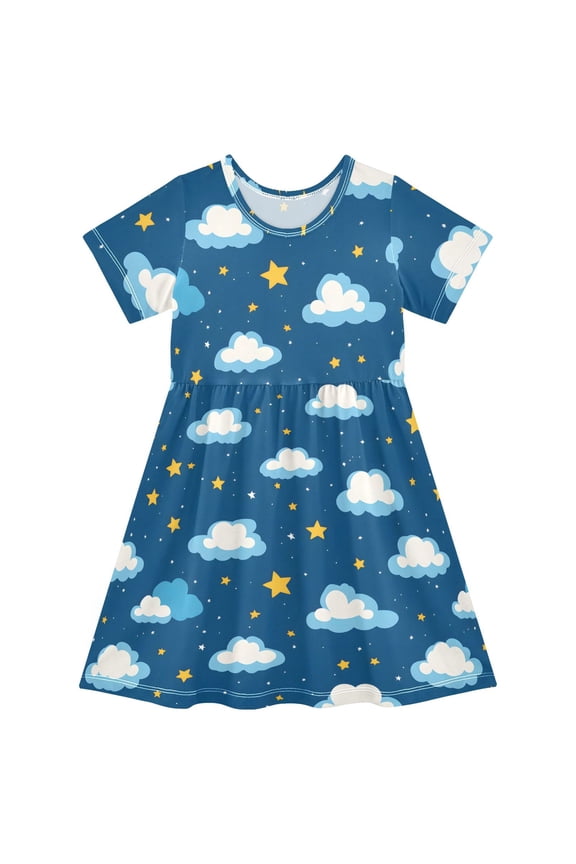 Clouds Star Pattern Girls Short Sleeve Dress A Line Sun Protection Breathable Comfort Sundress 3T