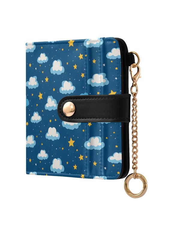 Clouds Star Small Wallet for Women RFID Blocking Bifold PU Leather Credit Card Holder with Zipper Coin Pocket Compact Cute Travel Purse Magnetic Snap 7 Card Slots