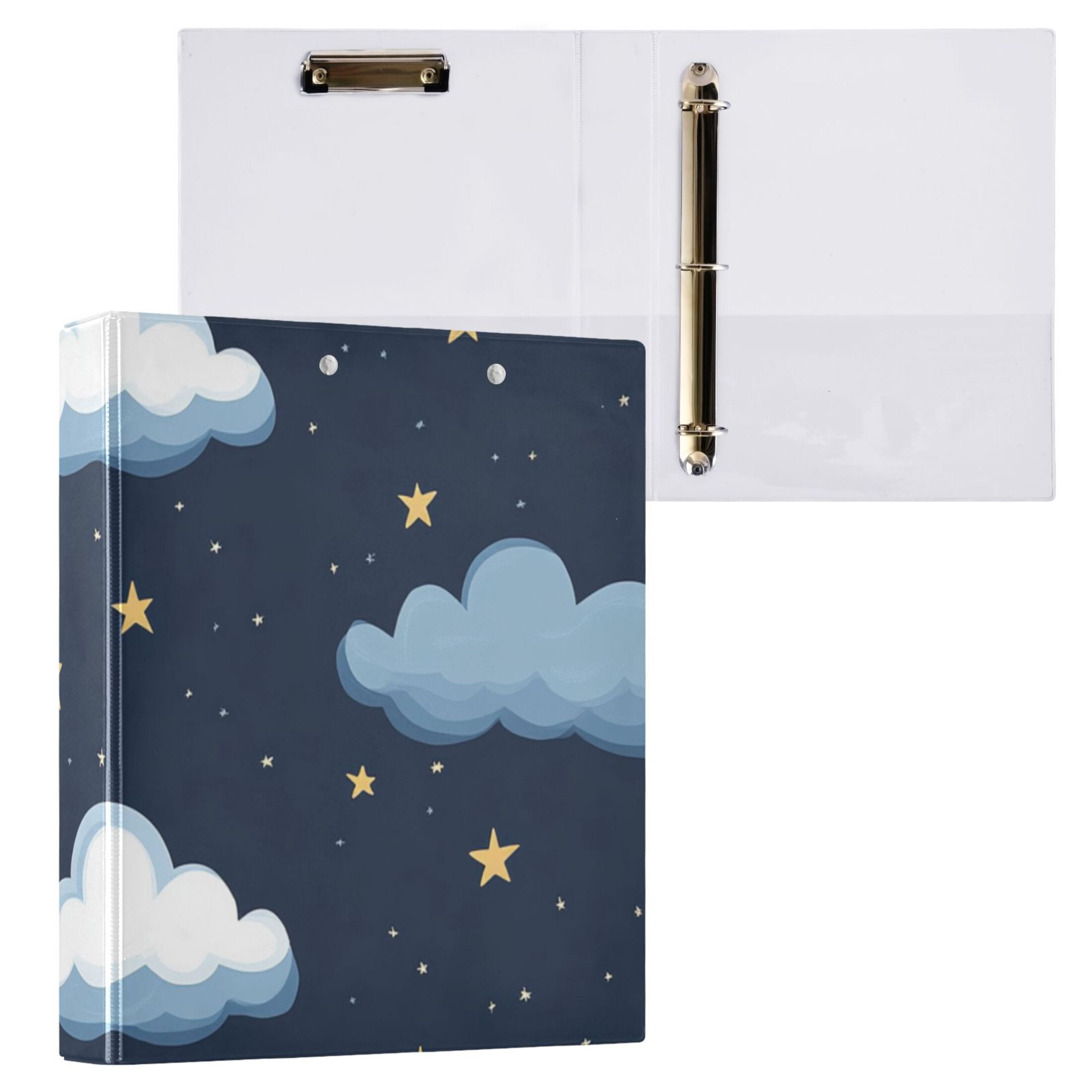 Clouds Stars 3 Ring Binders 1.5 inch Hardcover File Folders with Interior Pockets A4 Size Organizer for School Office Hospital