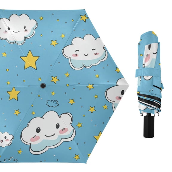 Clouds Stars Cartoon All Weather Umbrella Triple Folding Parasol 6 Ribs UV Protection Portable