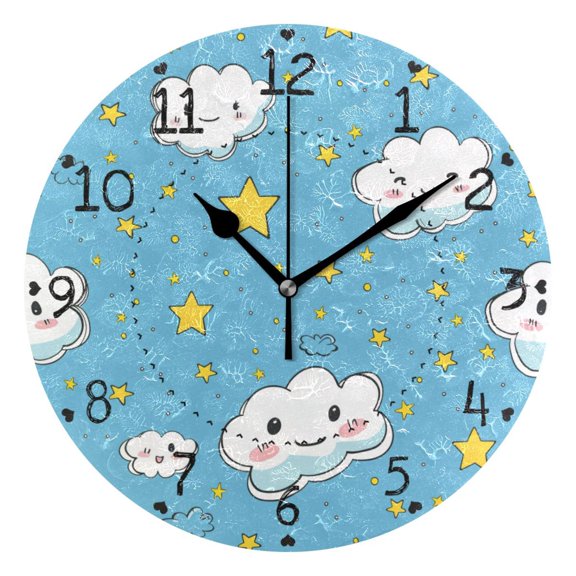 Clouds Stars Cartoon Round Wall Clock Silent Analog Battery Operated Black Pointer Home Decor 9.84" Diameter