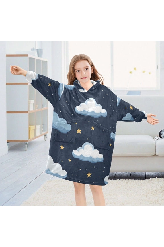 Clouds Stars Oversized Wearable Blanket Hoodie Sweatshirt Flannel for Unisex Girls Boys