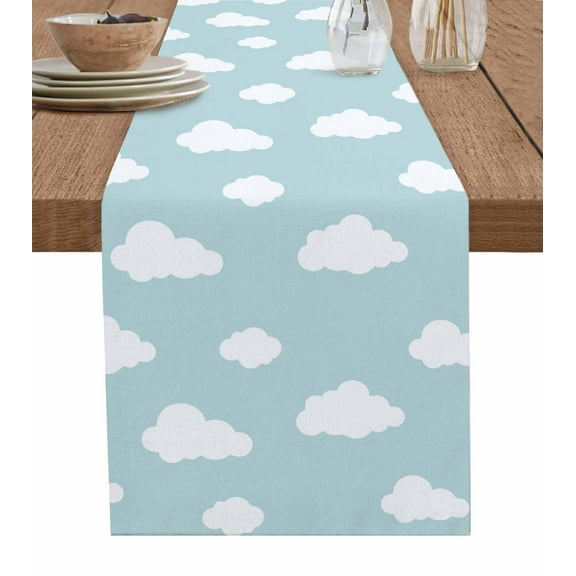 Clouds Table Runner 72 Inches, Cartoon Blue Sky Minimalist Aesthetic Bed Runner Dresser Scarves Tabletop for Indoor Outdoor Parties/Ceremony/Banquet, 14" x 72"