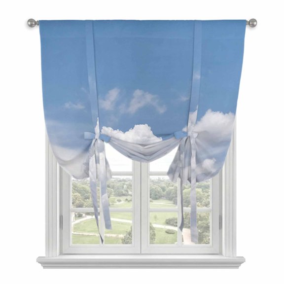 Clouds Tie Up Curtains for Windows, Adjustable Rod Pocket Valance Shade, Blue White Sky Natural Landscape Light Filtering Window Treatment for Kitchen Bedroom Living Room 42"x 45"