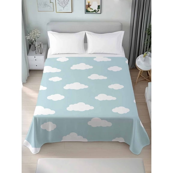 Clouds Twim Size Flat Sheet, Wrinkleproof & Fadeproof Cooling Flat Bed Sheet Only, Cartoon Blue Sky Minimalist Aesthetic Breathable Soft Bedding Top Sheets 66 x 96 Inches