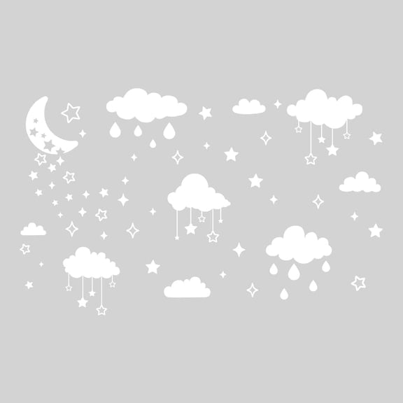 Clouds Wall Decals White Moon and Stars Vinyl Wall Stickers DIY Home Decor Clouds Mural Wallpaper Art Wall Decoration for Room Baby Nursery Decals Wall Sticker Vinyl Transfer