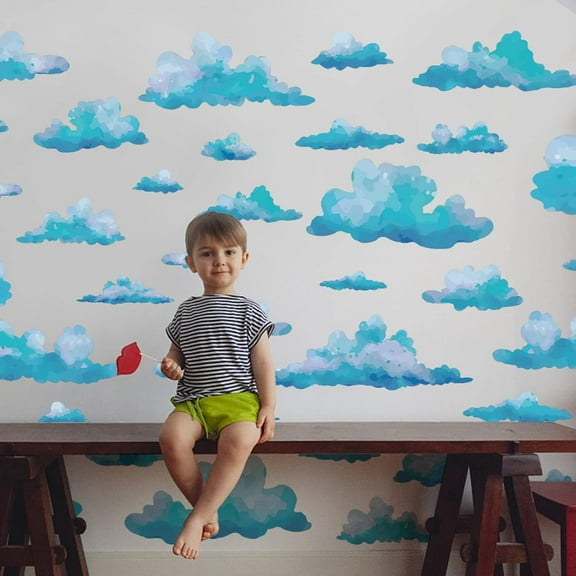 Clouds Wall Stickers Decals Vinyl Blue Clouds Mural Baby Nursery Room Peel and Stick Self Adhesive Wallpaper Cute Bedroom Home Decor