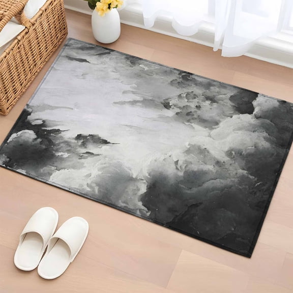 Clouds Washable Small Entryway Area Rugs 2'x3', Abstract Gradient Black Grey Clouds Sky Low Pile Throw Rug Non-Slip Sturdy Edge Binding Carpet for Front Door Floor Room Entry