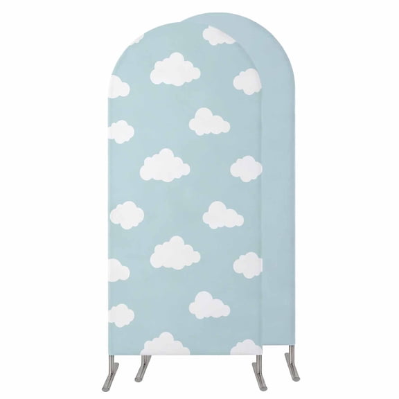 Clouds Wedding Arch Cover, Stretchy Spandex Arch Backdrop Stand Covers 7.2 FT, Cartoon Blue Sky Minimalist Aesthetic Round Top Arched Backdrop Cover for Birthday Party Ceremony Baby Shower Event