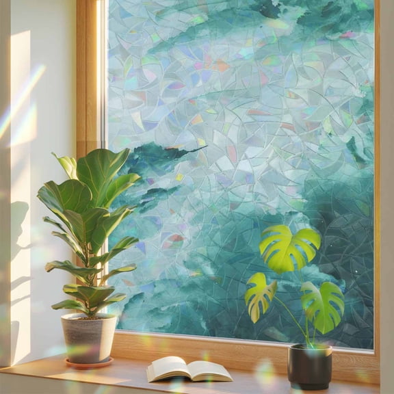 Clouds Window Privacy Film, Abstract Gradient Green Clouds Sky Stained Glass Rainbow Film Decorative Window Clings, Static Cling Sun Blocking Stickers 17.7" x 39.3"