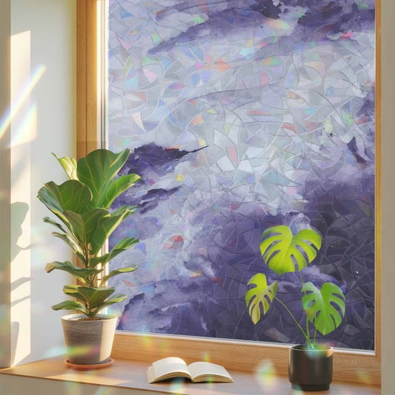 Clouds Window Privacy Film, Abstract Gradient Purple Clouds Sky Stained Glass Rainbow Film Decorative Window Clings, Static Cling Sun Blocking Stickers 19.6" x 39.3"