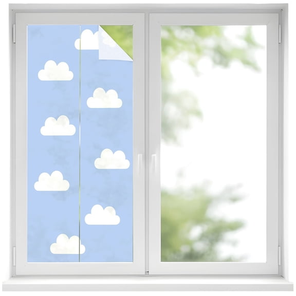 Clouds Window Privacy Film Sky Cartoon Sky Blue Decorative Glass Window Film UV Blocking Static Cling Non-Adhesive Sticker Covering for Home Door 19.6 x 39.3 inches