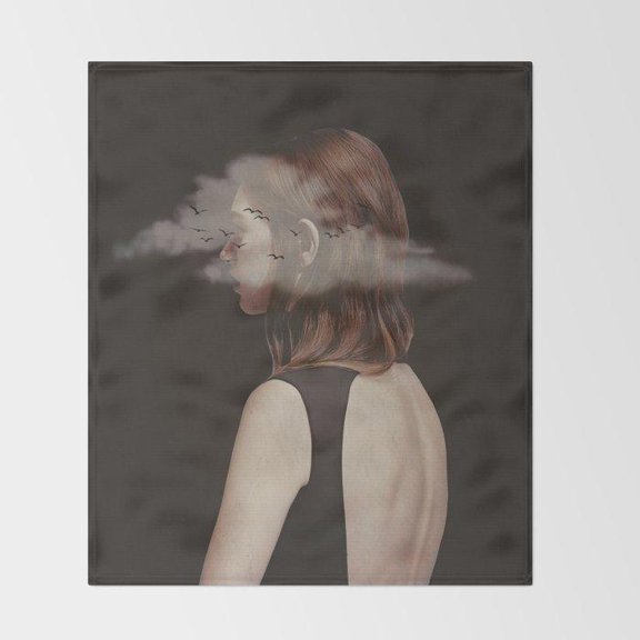 Clouds and Flying Birds Charcoal Gray Fleece Blanket, Polyester, 280 GSM, Surreal Sky Style