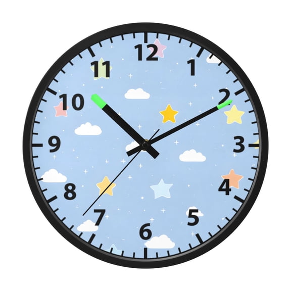 Clouds and Stars Wall Clock 12 Inch Voice Activated Night Light Silent Non Ticking