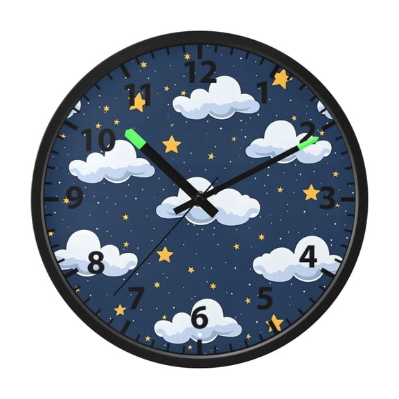 Clouds and Stars Wall Clock 12 Inch Voice Activated Night Light Silent Non Ticking