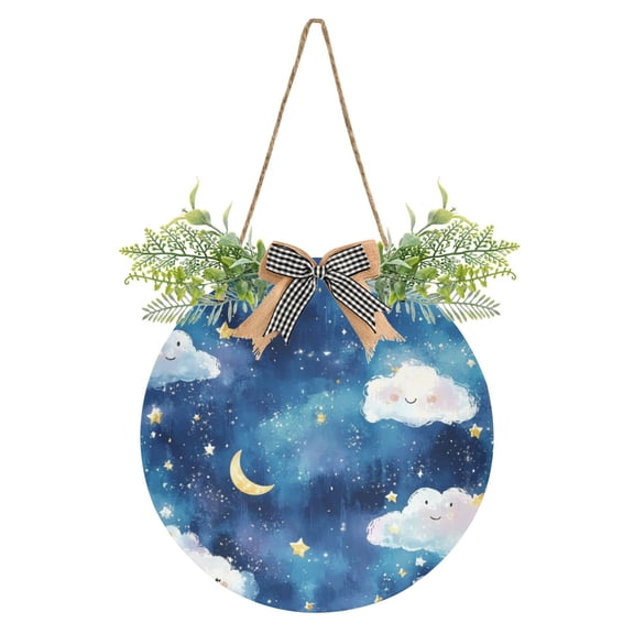 Clouds and Stars on Blue Front Door Porch Decoration Hanging Sign with Artificial Green Plants and Bow for Home Outdoor Indoor