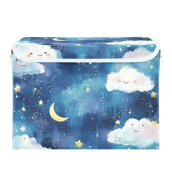 Clouds and Stars on Blue Large Storage Bins with Linen Collapsible Lid Storage Box 16.7 x 12.6 x 11.8in