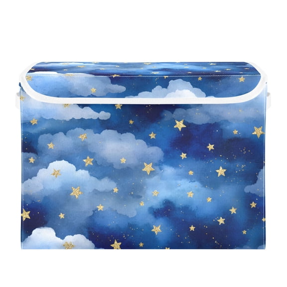 Clouds at Night Stars Watercolor Foldable Storage Bin with Lid and Handle Collapsible Storage Box 16.5 x 12.6 x 11.8 inches