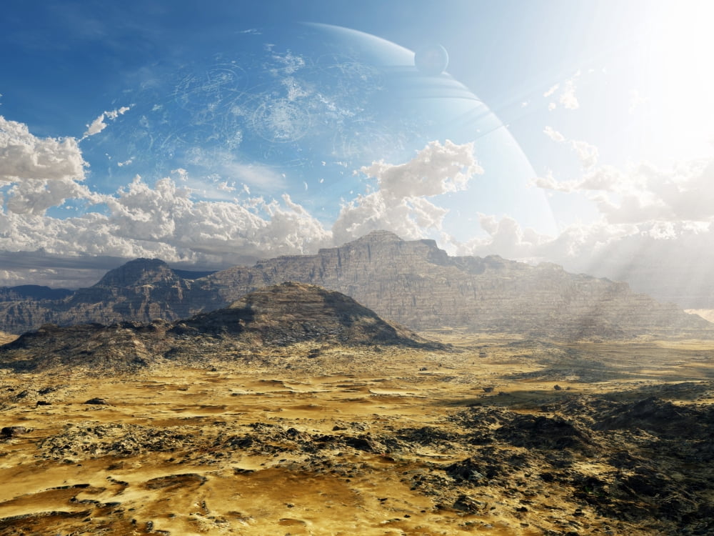 Clouds break over a desert on Matsya giving a glimpse of the planet Samandar Canvas Art - Brian ChristensenStocktrek Images (32 x 24)