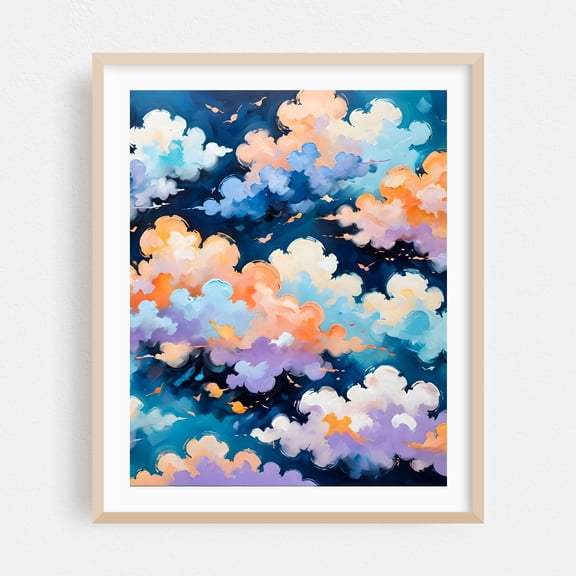 Clouds in Motion - Illustration Abstract Surrealism Pastel Modern Art Oak Framed Wall Art Print 12 x 16 inches