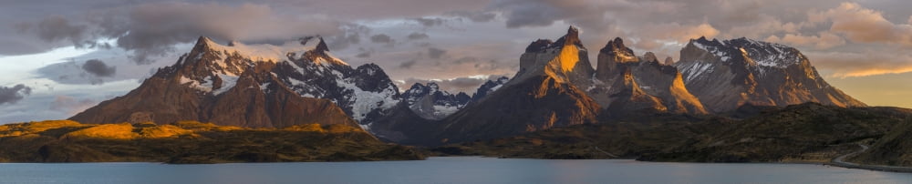 Clouds at sunrise over Paine Grande (L) and the Cuernos (R) from Lake Pehoe Torres Del Paine National Park Chile Canvas Art - Panoramic Images (36 x 12)