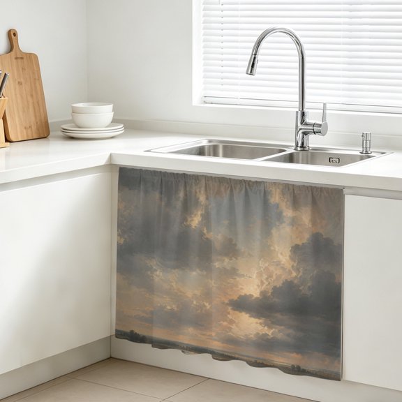Cloudscape Cabinet Curtain, Beige Clouds Morning Sunburst Modern Sky Dramatic Sink Skirt for Bathroom, Under Sink shelf Curtain Privacy Drape for Kitchen Laundry Room 28x35in