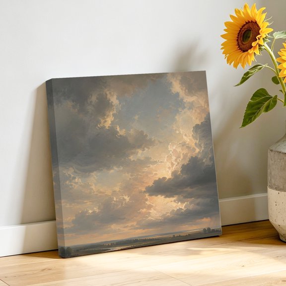 Cloudscape Canvas Wall Art, Beige Clouds Morning Sunburst Modern Sky Dramatic Pictures Wall Decor Wooden Framed Artwork Art Prints for Living Room Hallway Bedroom Office 8"x8"