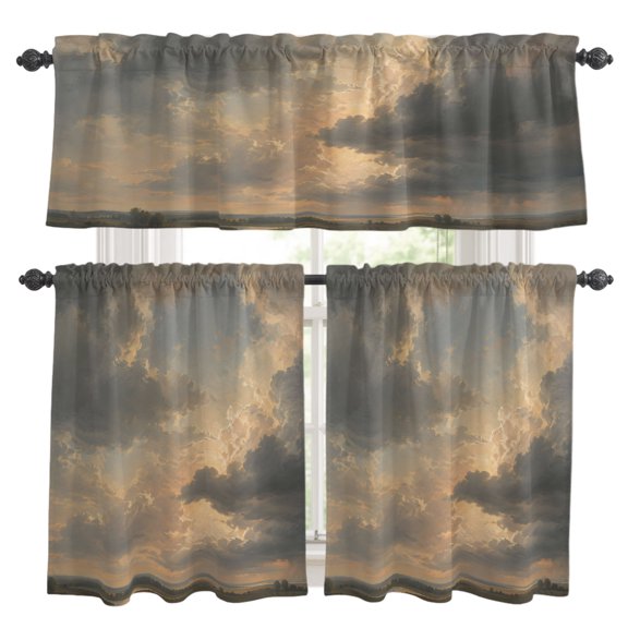 Cloudscape Kitchen Curtains and Valances Set, Beige Clouds Morning Sunburst Modern Sky Dramatic 3 Piece Curtains Valances and Tiers Set Rod Pocket for Kitchen Bathroom Windows 24 Inch