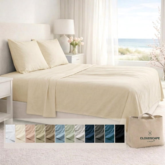Cloudscape Linen Queen Size Sheets Set - 100% Premium Egyptian Cotton Bedding 4-Piece - Cooling Sateen Weave Cotton Sheet Set for Bed - Durable Long Staple Dual-Ply - Fits 17" Deep Mattress - Ivory