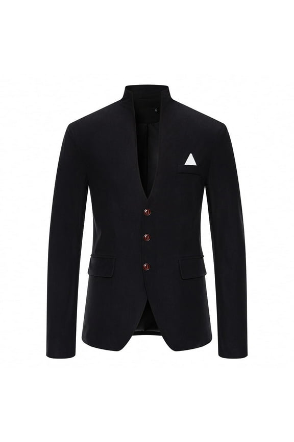 Men Blazer Stand Collar Single Breasted Solid Color Jacket Casual Three Buttons Retro Ventless