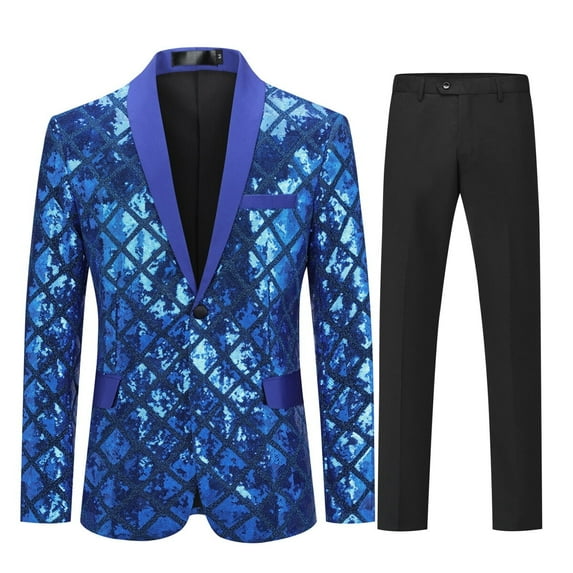 Cloudstyle Men's 2Pcs Suit Single-breasted 1 Button Plaid Sequin Blazer And Black Pants