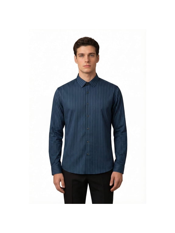 Men's 80s Stretch Non-Iron Pinstripe Dress Shirt - Business Casual Slim Fit Button Down Shirt with Spread Collar