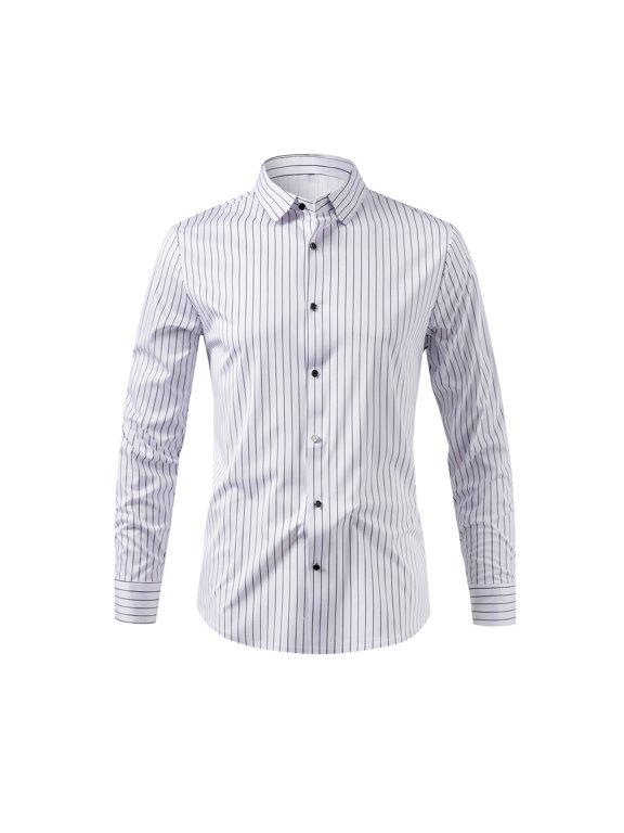 Men's 80s Stretch Non-Iron Pinstripe Dress Shirt - Business Casual Slim Fit Button Down Shirt with Spread Collar