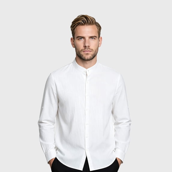 Cloudstyle Men's Cotton Linen Shirt Band Collar Long Sleeve Button Down Casual Beach Yoga Tops Summer Roll-Up Sleeve Blouse