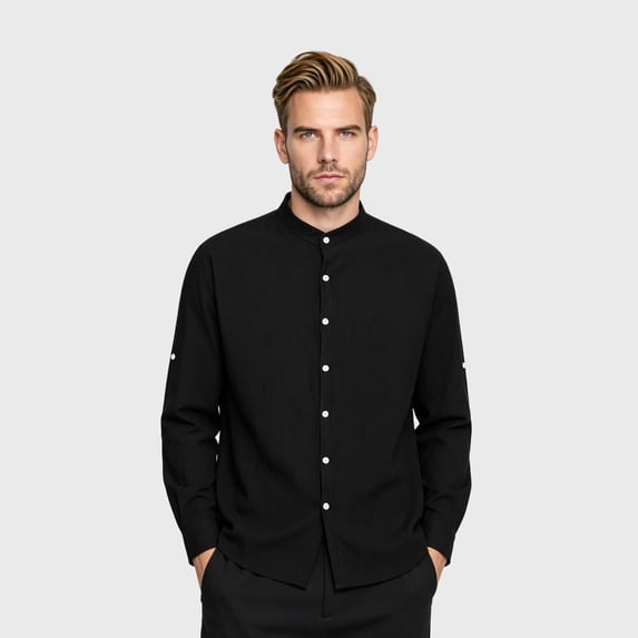 Cloudstyle Men's Cotton Linen Shirt Band Collar Long Sleeve Button Down Casual Beach Yoga Tops Summer Roll-Up Sleeve Blouse