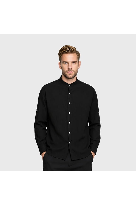 Men's Cotton Linen Shirt Band Collar Long Sleeve Button Down Casual Beach Yoga Tops Summer Roll-Up Sleeve Blouse