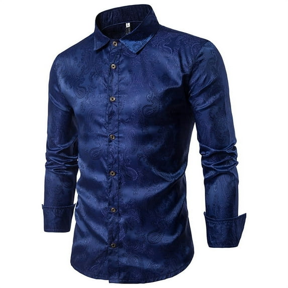 Cloudstyle Men's Fashion Printed Brocade Cotton Casual Long Sleeve Slim Fit Lapel Dress Shirt