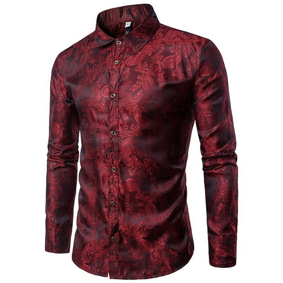 Cloudstyle Men's Fashion Printed Brocade Cotton Casual Long Sleeve Slim Fit Lapel Dress Shirt