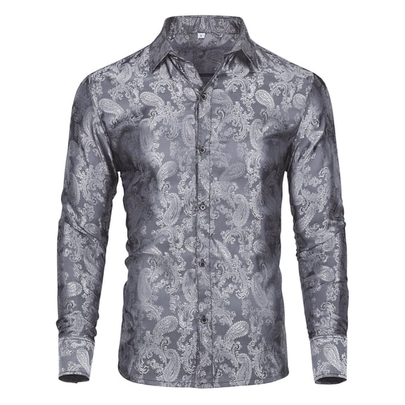 Cloudstyle Men's Fashion Printed Brocade Cotton Casual Long Sleeve Slim Fit Lapel Dress Shirt