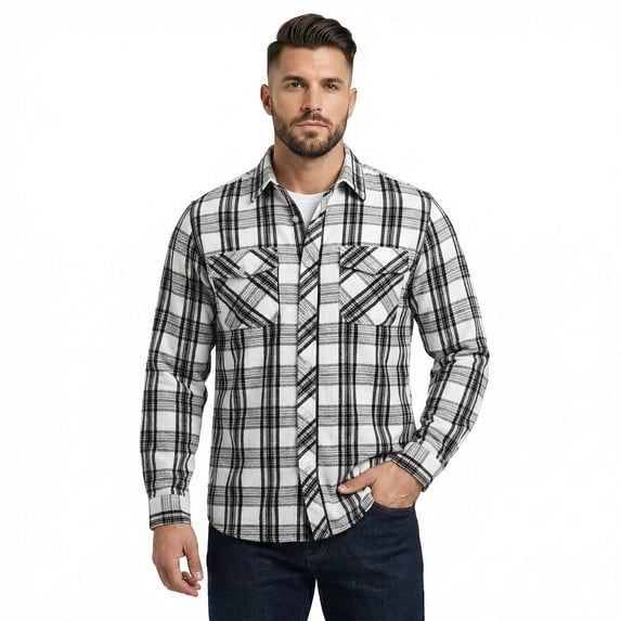 Cloudstyle Men's Pattern-Matched Plaid Business Casual Shirt - Slim Fit Brushed Flannel Long Sleeve Button-Down for Fall